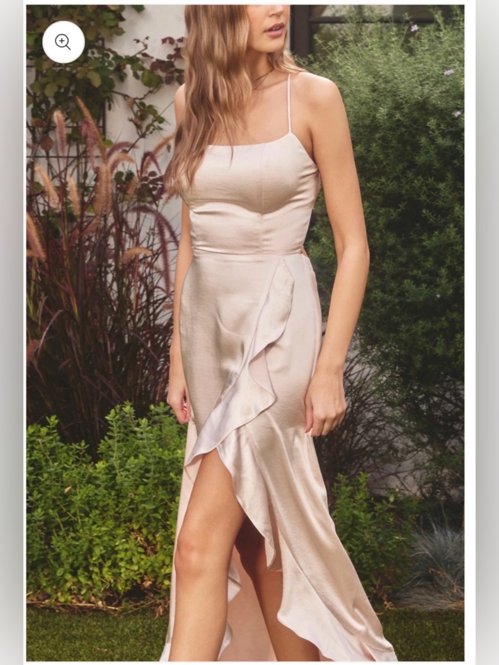 Dress Forum Champagne Satin Lace-Up Back Ruffle Maxi Dress Size M - Picture 16 of 16